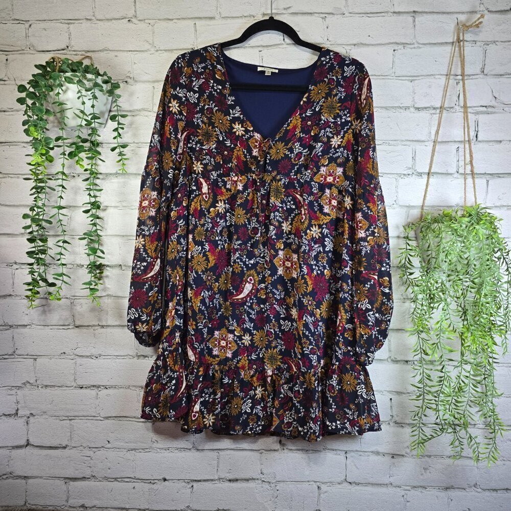JODIFL NAVY FLORAL & PAISLEY PRINT, LINED, BISHOP SLEEVE VNECK RUFFLE FLIRTY SM